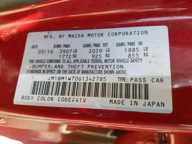 JM1BM1W70G1342785 - 2016 MAZDA 3 TOURING RED photo 10