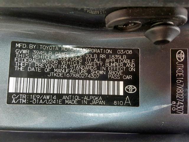 JTKDE167X80274307 - 2008 TOYOTA SCION TC გრაფიტი ფოტო 10