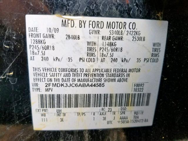 2FMDK3JC6ABA44585 - 2010 FORD EDGE SEL BLACK photo 10