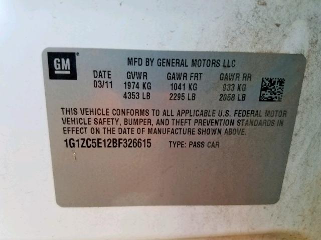 1G1ZC5E12BF326615 - 2011 CHEVROLET MALIBU 1LT WHITE photo 10