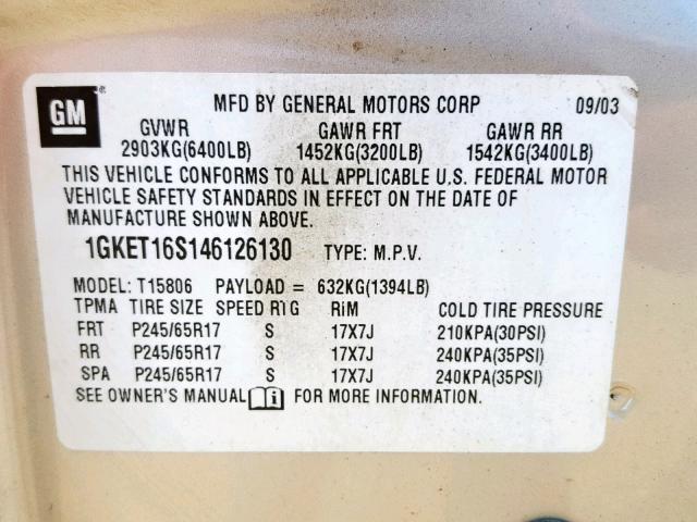 1GKET16S146126130 - 2004 GMC ENVOY XL SILVER photo 10