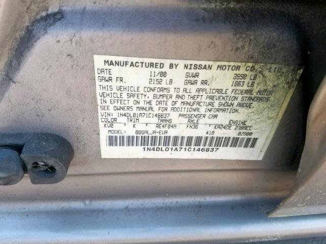 1N4DL01A71C146837 - 2001 NISSAN ALTIMA GXE SILVER photo 10