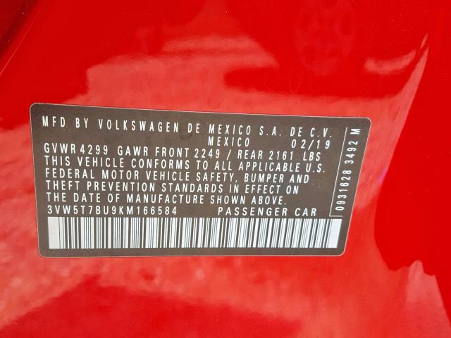 3VW5T7BU9KM166584 - 2019 VOLKSWAGEN JETTA GLI RED photo 10