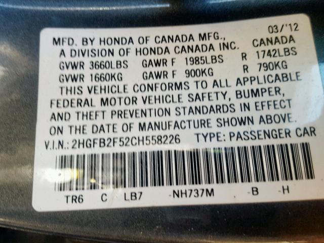 2HGFB2F52CH558226 - 2012 HONDA CIVIC LX GRAY photo 10