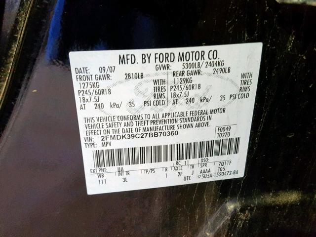 2FMDK39C27BB70360 - 2007 FORD EDGE SEL P BLACK photo 10