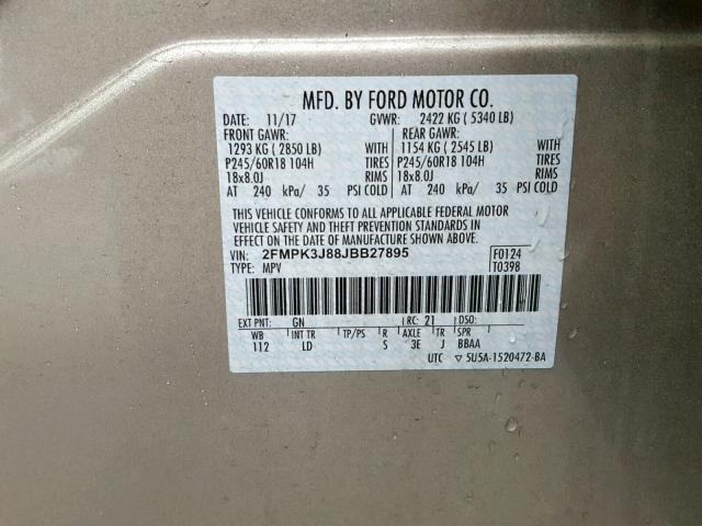 2FMPK3J88JBB27895 - 2018 FORD EDGE SEL GOLD photo 10