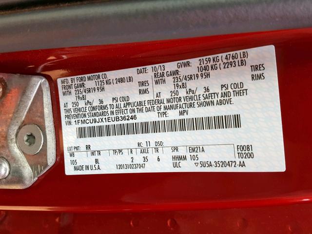 1FMCU9JX1EUB36246 - 2014 FORD ESCAPE TIT RED photo 10