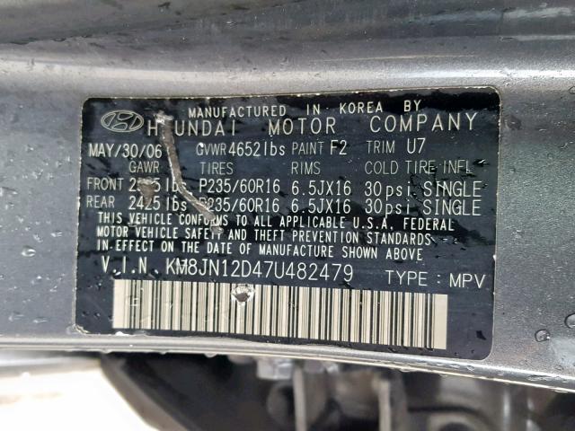 KM8JN12D47U482479 - 2007 HYUNDAI TUCSON SE CHARCOAL photo 10