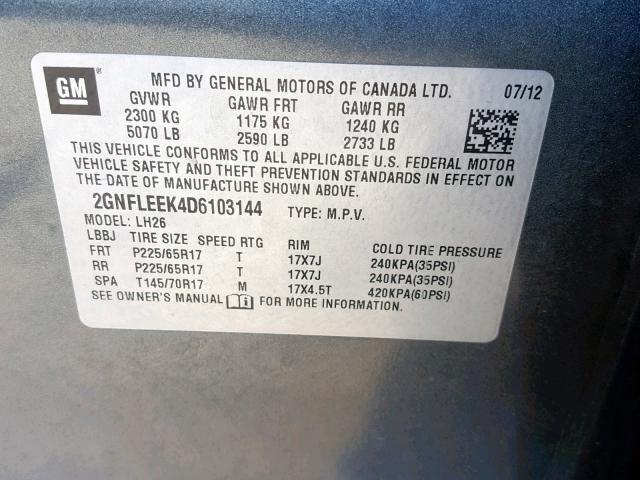 2GNFLEEK4D6103144 - 2013 CHEVROLET EQUINOX LT GRAY photo 10