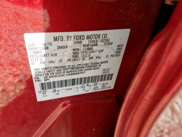 2FMDK3GC1ABB68707 - 2010 FORD EDGE SE RED photo 10