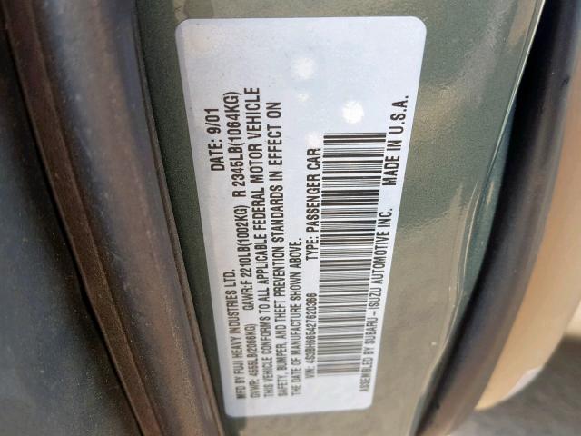 4S3BH665427620366 - 2002 SUBARU LEGACY OUT GREEN photo 10