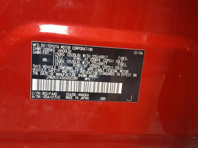 JTMZK31V365000289 - 2006 TOYOTA RAV4 LIMIT RED photo 10