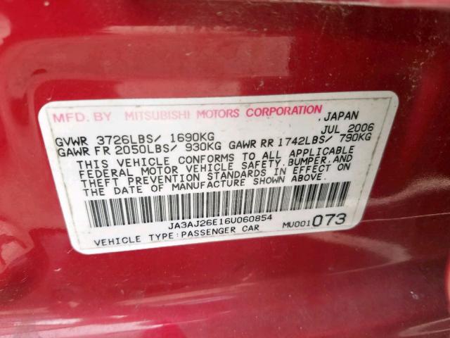 JA3AJ26E16U060854 - 2006 MITSUBISHI LANCER ES BURGUNDY photo 10