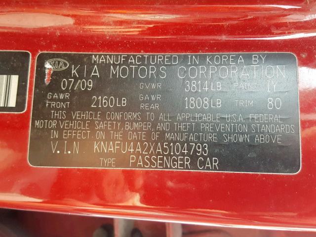 KNAFU4A2XA5104793 - 2010 KIA FORTE EX RED photo 10