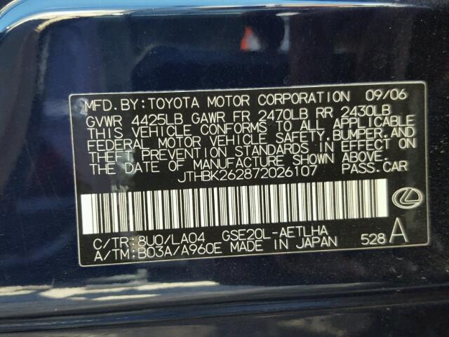 JTHBK262872026107 - 2007 LEXUS IS 250 BLUE photo 10