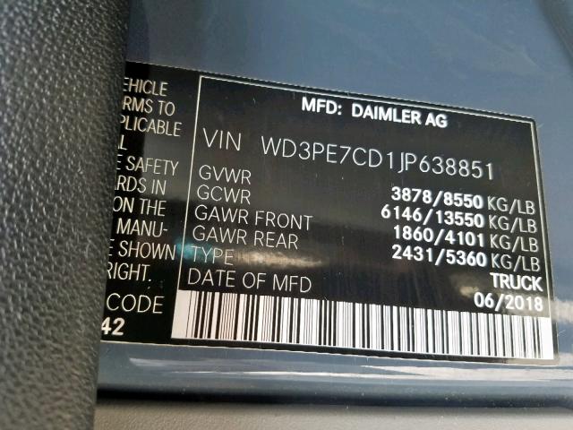 WD3PE7CD1JP638851 - 2018 FREIGHTLINER SPRINTER 2 GRAY photo 10