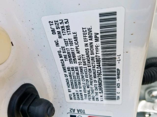 5J6RM3H76CL044807 - 2012 HONDA CR-V EXL WHITE photo 10