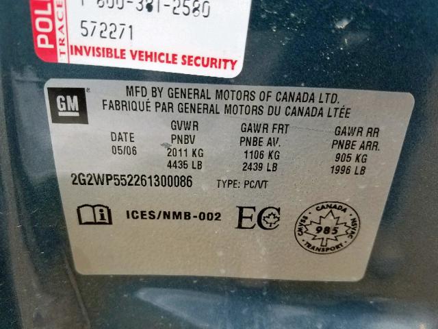 2G2WP552261300086 - 2006 PONTIAC GRAND PRIX TEAL photo 10