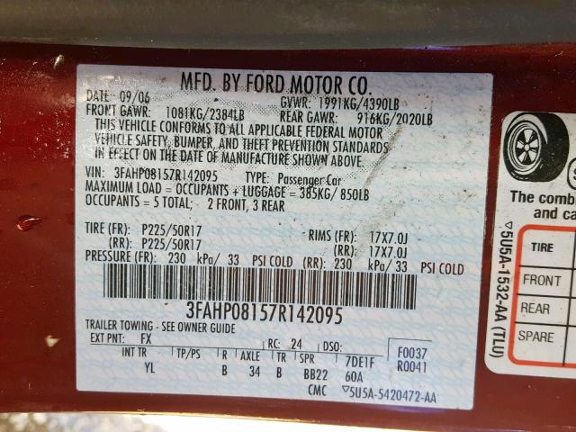 3FAHP08157R142095 - 2007 FORD FUSION SEL BURGUNDY photo 10