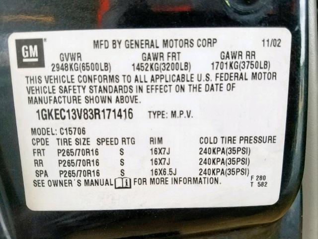 1GKEC13V83R171416 - 2003 GMC YUKON BLACK photo 10