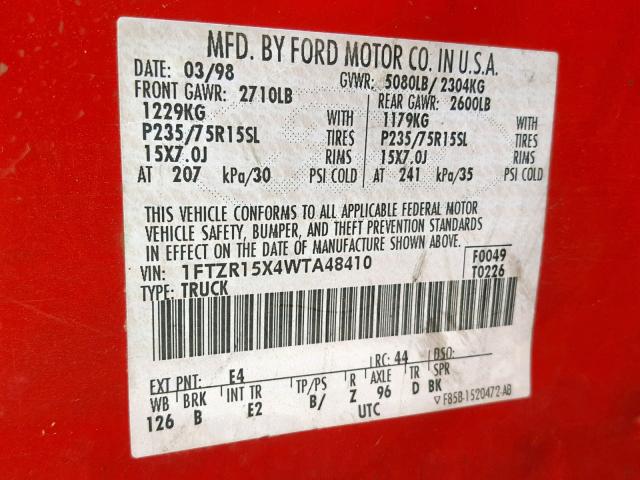 1FTZR15X4WTA48410 - 1998 FORD RANGER SUP RED photo 10