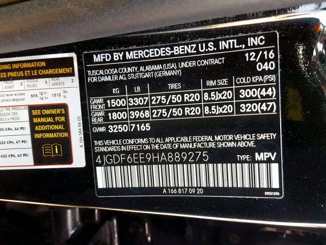 4JGDF6EE9HA889275 - 2017 MERCEDES-BENZ GLS 450 4M BLACK photo 10