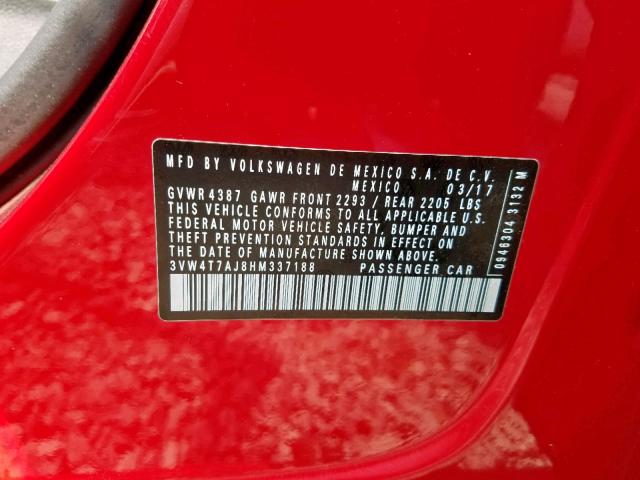 3VW4T7AJ8HM337188 - 2017 VOLKSWAGEN JETTA GLI RED photo 10