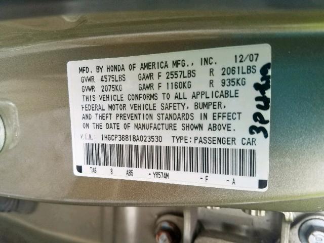 1HGCP36818A023530 - 2008 HONDA ACCORD EXL BEIGE photo 10