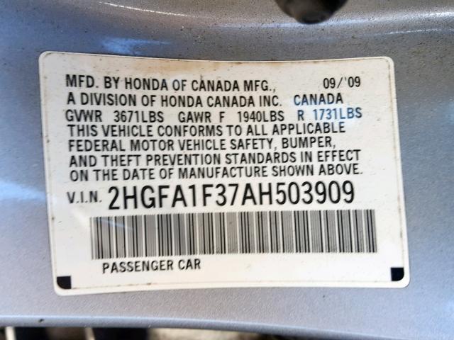 2HGFA1F37AH503909 - 2010 HONDA CIVIC VP SILVER photo 10