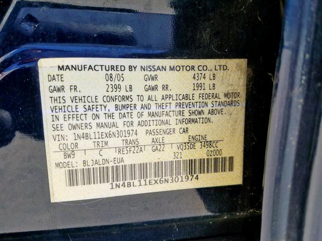 1N4BL11EX6N301974 - 2006 NISSAN ALTIMA SE BLUE photo 10