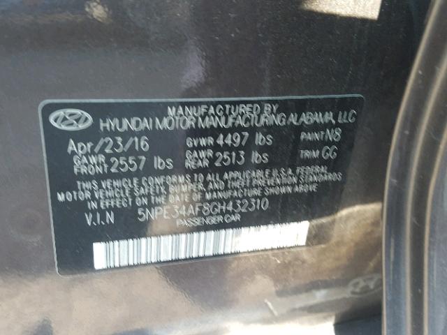 5NPE34AF8GH432310 - 2016 HYUNDAI SONATA SPO CHARCOAL photo 10