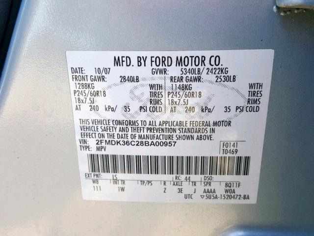 2FMDK36C28BA00957 - 2008 FORD EDGE SE SILVER photo 10