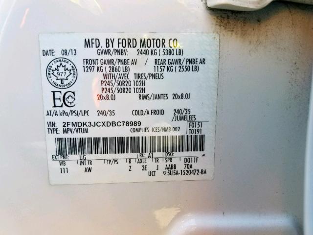 2FMDK3JCXDBC78989 - 2013 FORD EDGE SEL WHITE photo 10