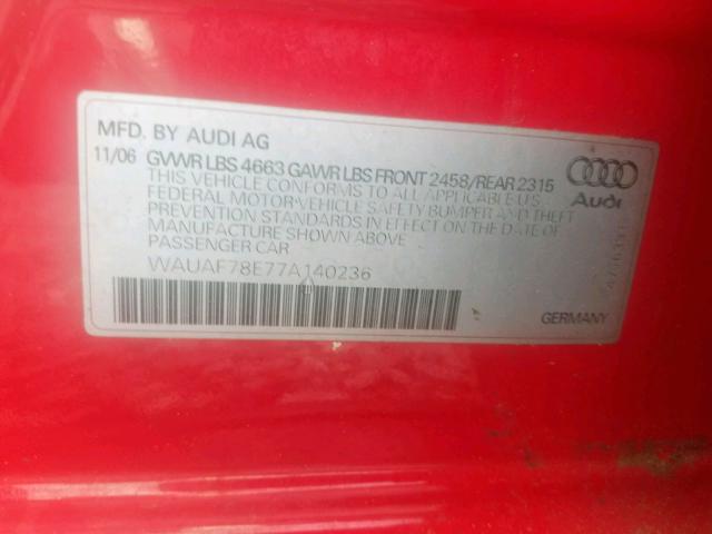 WAUAF78E77A140236 - 2007 AUDI A4 2 RED photo 10