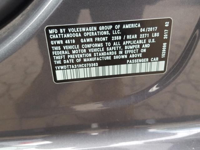 1VWDT7A31HC073363 - 2017 VOLKSWAGEN PASSAT R-L GRAY photo 10