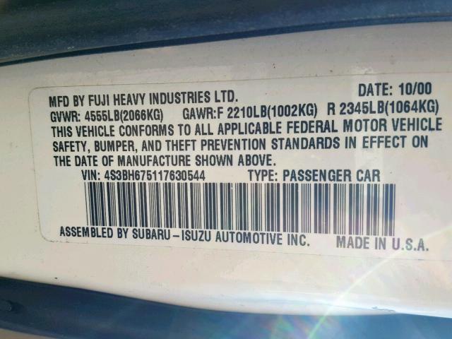 4S3BH675117630544 - 2001 SUBARU LEGACY OUT WHITE photo 10