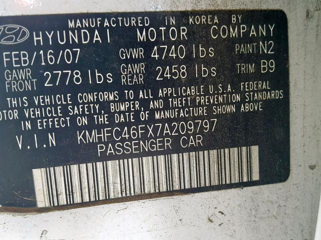 KMHFC46FX7A209797 - 2007 HYUNDAI AZERA SE WHITE photo 10