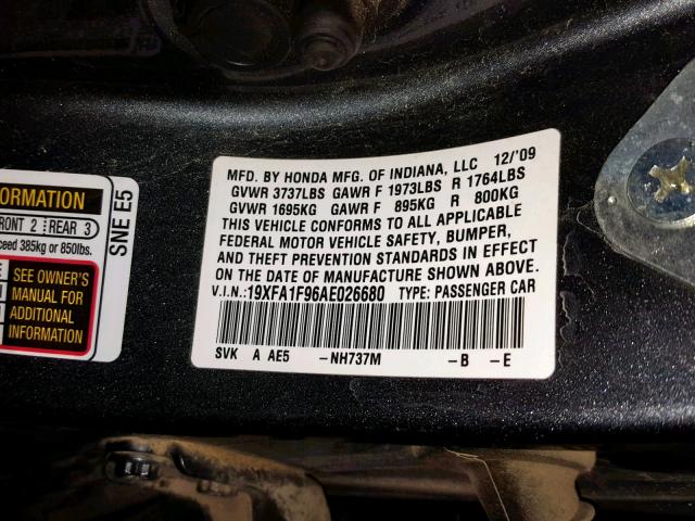 19XFA1F96AE026680 - 2010 HONDA CIVIC EXL 灰色 照片 10