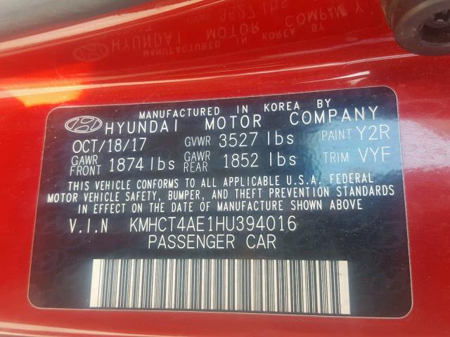 KMHCT4AE1HU394016 - 2017 HYUNDAI ACCENT SE RED photo 10