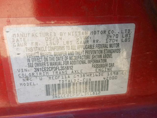 3N1CE2CP3FL351812 - 2015 NISSAN VERSA NOTE RED photo 10