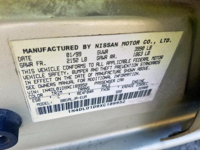 1N4DL01D9XC189952 - 1999 NISSAN ALTIMA XE GOLD photo 10