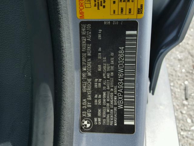 WBXPA93416WD32684 - 2006 BMW X3 3.0I GRAY photo 10