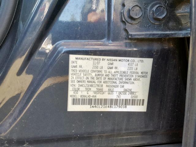 1N4CL21E48C179038 - 2008 NISSAN ALTIMA HYB GRAY photo 10