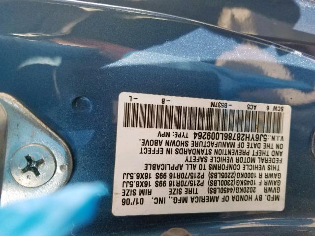 5J6YH28786L009264 - 2006 HONDA ELEMENT EX BLUE photo 10