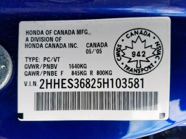 2HHES36825H103581 - 2005 ACURA 1.7EL PREM BLUE photo 10