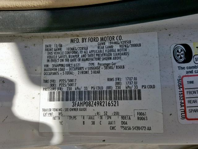 3FAHP08Z49R216521 - 2009 FORD FUSION SEL WHITE photo 10