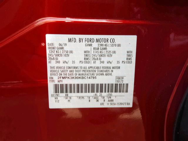 2FMPK3K90KBC14795 - 2019 FORD EDGE TITAN BURGUNDY photo 10