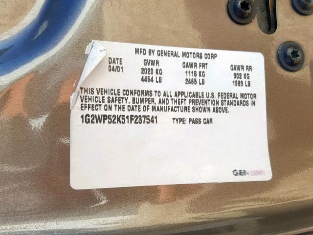 1G2WP52K51F237541 - 2001 PONTIAC GRAND PRIX BROWN photo 10