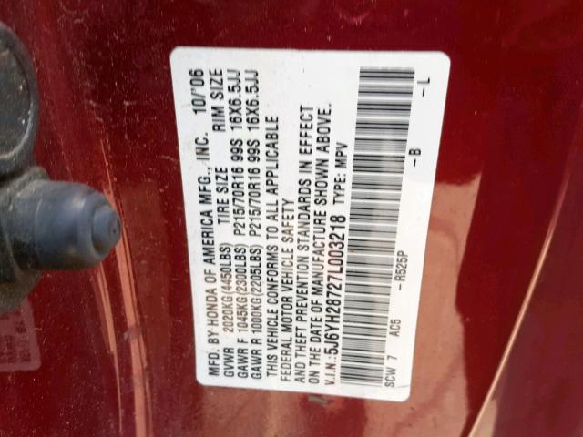 5J6YH28727L003218 - 2007 HONDA ELEMENT EX MAROON photo 10