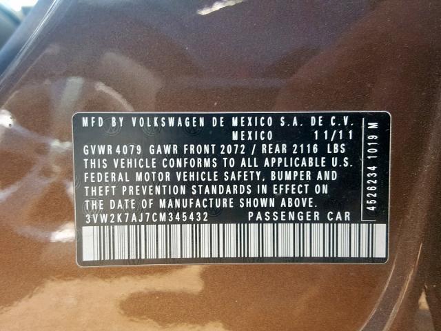 3VW2K7AJ7CM345432 - 2012 VOLKSWAGEN JETTA BASE BROWN photo 10